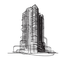 abstract line sketch high-rise building on white background