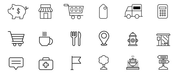 Outline Everyday Icons Vector Set Featuring Shopping, Business, Food, Location, Travel and Essential UI Symbols in Clean Minimal Line Style
