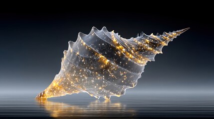Illuminated Seashell with Sparkling Lights on Reflective Surface.