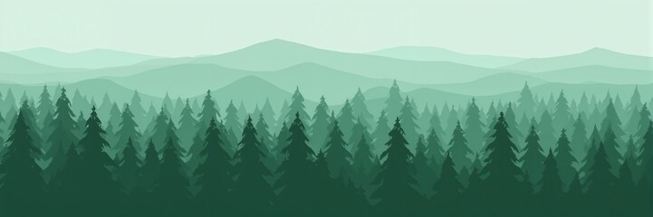 Fototapeta premium Modern minimal landscape showing rows of green fir trees in a wilderness setting with clean lines and a simple palette.