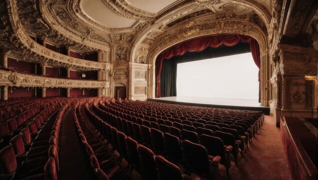 Grand theater interior with empty stage and plush seating.