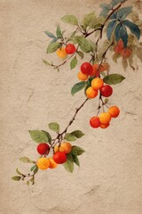 Vintage botanical illustration of apricot branch with ripe fruits, watercolor painting on textured antique paper, natural fruit art background