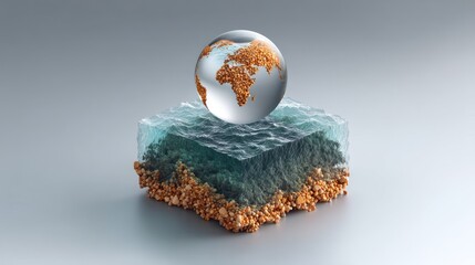 A Crystal Globe of Earth Rests on a Cube of Water and Soil.