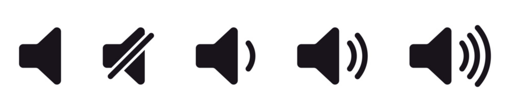 Speaker, Volume and sound icons set showing mute, low, medium, and high levels, sound levels from muted (crossed out) to maximum volume/loudness. perfect for UI, media players, and system controls.