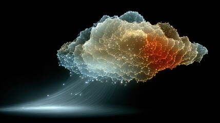 Abstract representation of a glowing, textured cloud formation with a beam of light emanating from below, against a dark background.