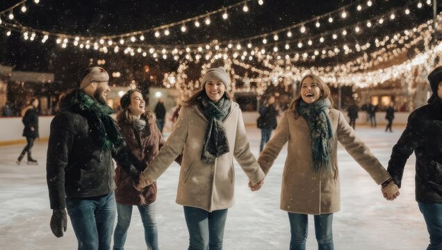 Group of friends enjoying ice skating at an outdoor rink.
