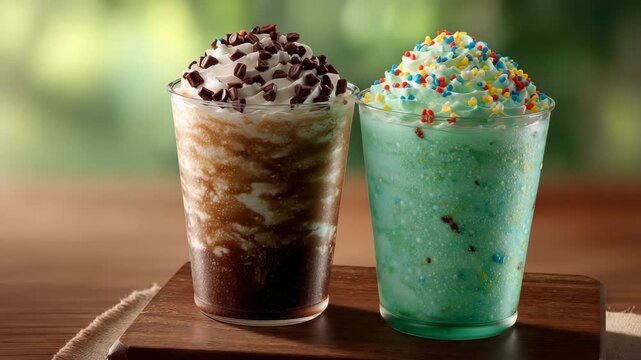 Two Colorful Frappes Topped with Whipped Cream and Sprinkles on Dark Brown Wooden Board With Green Blurred Background