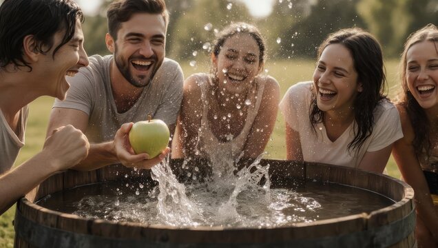 Group of friends bobbing for apples at an outdoor autumn party.