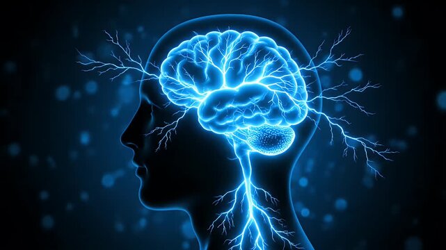 Glowing blue human brain silhouette with neural network roots