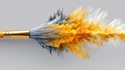 Paintbrush with Exploding Yellow and Grey Paint.
