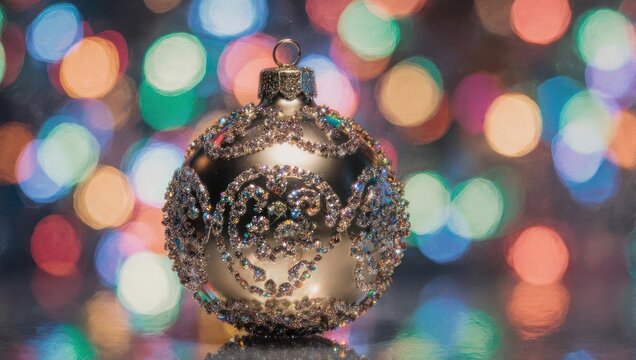 Golden Christmas Ornament with Bokeh Lights Background.