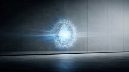 Futuristic glowing orb emitting light in a dark, modern room.