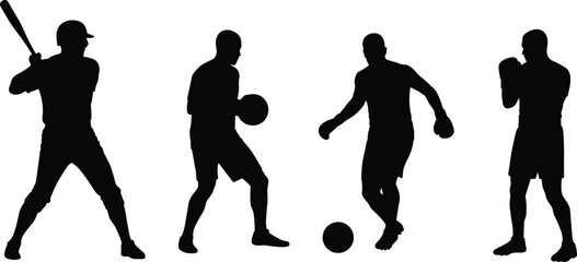 Sports silhouette vector set featuring baseball batter, basketball player dribbling, soccer player kicking, boxer fighting stance, athletic icons for team sports, fitness design