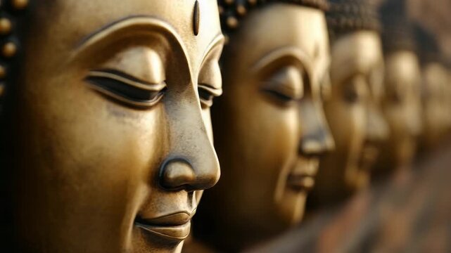 Many Buddha statues lined up in a row during daylight hours displaying calm expressions on their faces