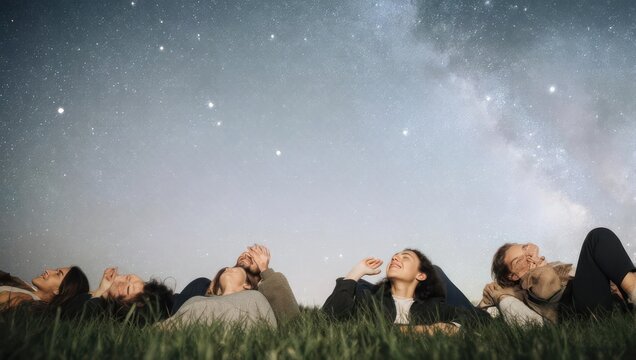 Group of friends stargazing together at night, lying on grass.