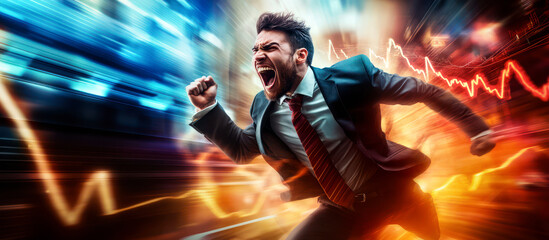 Man in business suit, a trader, runs and yells. Symbol of stress and dynamic nature of Forex markets