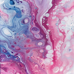 Minimal artistic background with pink, light purple, and blue colors, flowing and dripping across the canvas, creating a vibrant explosion of paint with bubbles forming throughout.