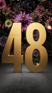Gold number 48 with fireworks in the background. Festive scene for birthday or anniversary party