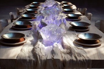 An elegant dining table set with bowls, plates, and crystal centerpiece, creating a sophisticated and modern atmosphere for a special event.