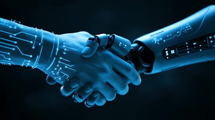 A futuristic handshake between a cybernetic hand and a robot arm - Powered by Adobe