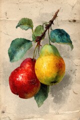 Vintage botanical illustration of pear branch with ripe pears, watercolor fruit painting on textured antique paper, natural food art background