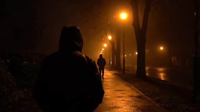 Hooded silhouette following a person walking on a dark foggy path