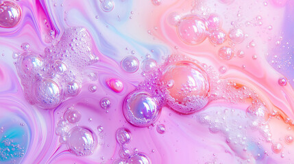 Minimal artistic background with pink, light purple, and blue colors, flowing and dripping across the canvas, creating a vibrant explosion of paint with bubbles forming throughout.