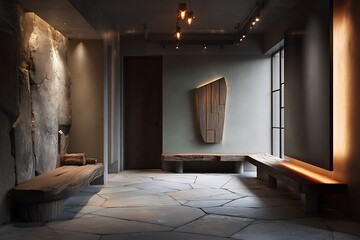 A modern interior design featuring a stone wall, wooden bench, and unique lighting, creating a peaceful and elegant atmosphere.
