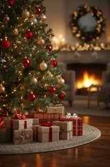 Luxury holiday home decoration with a large Christmas tree and a classic fireplace burning with logs in the background.