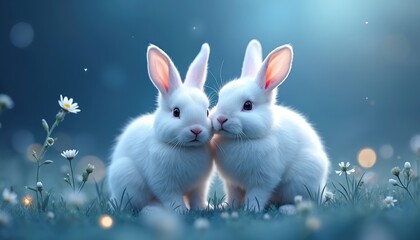 Two fluffy white bunnies sit close together in a dark grassy meadow. Small white flowers bloom around them. The cute rabbits look towards the viewer with soft lighting.
