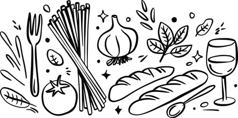 Hand Drawn Italian Food Ingredients Doodle with Pasta, Wine and Bread Vector Illustration