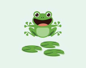 Cute frog illustration, happy green cartoon character jumping on lily pads, playful nature themed vector artwork design poster