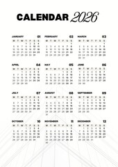 Clean, vertical 2026 calendar template showing all twelve months on a single page. Features minimalist black typography for dates and days, with subtle, abstract white lines in the background.