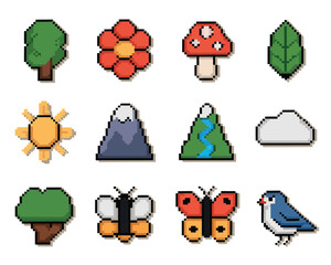 Pixel nature environment icons illustration featuring trees flowers animals mountains weather symbols for retro games design
