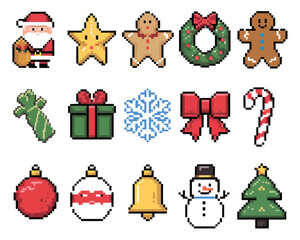 Pixel christmas holiday icons illustration featuring festive winter symbols decorations characters for retro games seasonal design