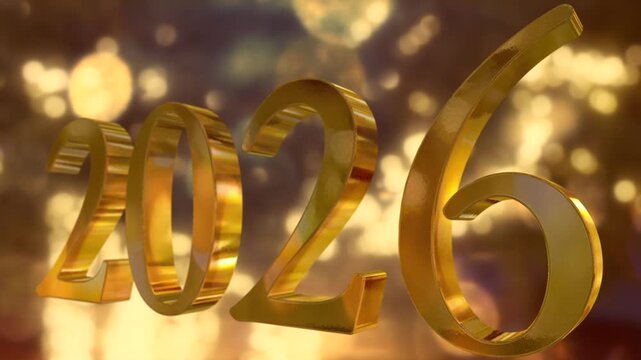 キラキラ輝くイルミネーションの丸ボケ背景　新年・正月・元日の年タイトル　金色3dの2026のテキストシンボル　お祝い・イベント・パーティーの背景