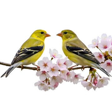 Two Yellow Birds Sitting on Cherry Blossom Branch