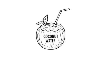 Black outline coconut displays straw or Opened coconut reveals straw drink against plain background