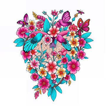 Colorful Floral Heart with Butterflies Illustration