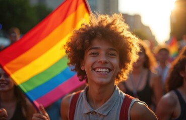 Smiling young person with curly hair attends lively Pride parade. Hold vibrant rainbow flag. People gather for LGBTQ rights, celebrating diversity, equality, freedom in community. Golden sun shines