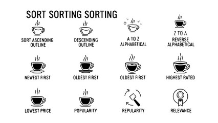 Coffee cups depicting sorting options in clean vector style or steaming cup icons indicate different ranking criteria in minimal style