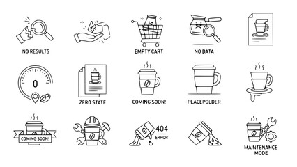 Coffee icons demonstrate multiple service states in line art or various coffee status illustrations showing different conditions