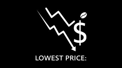 Falling coffee price graph with dollar displays finance decrease on dark background or Coffee bean tops dollar symbol depicting market decline on black background
