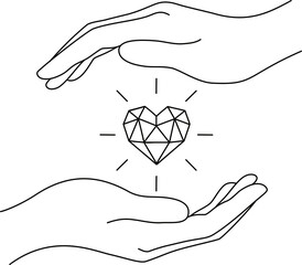 Line Art Hands Holding Geometric Diamond Heart Symbol for Protection and Care