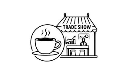 Hot coffee promotes business at trade show booth or Steam cup offers sales at trade fair stall