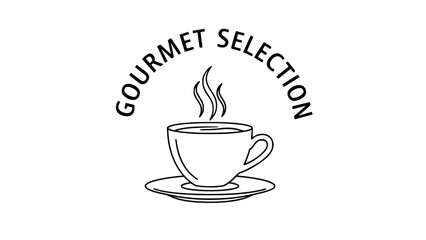 Hot beverage cup steams inside dish against gourmet selection text logo or Cup of tea steams on saucer within gourmet selection text branding