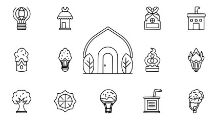 Outline icons portray various concepts in white backdrop or Line drawing represents different idea symbols on bright background