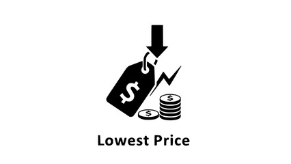 Price tag descends near coins representing lower prices on white or Black label drops near money pile illustrating price reduction on white
