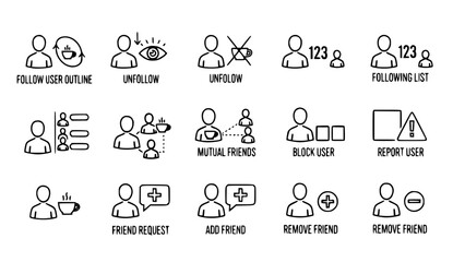 Social media icons depict user interactions illustrating various platform actions or social media icons display network interactions outlining friendship management or relationship handling