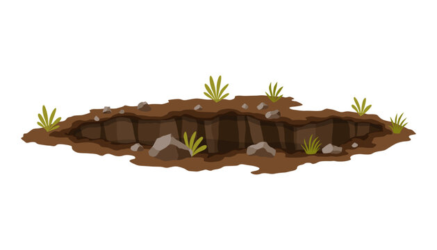 Hole ground. Works digging of sand coal waste rock or gravel. Brown, dry mine element of landscape. Cartoon illustration